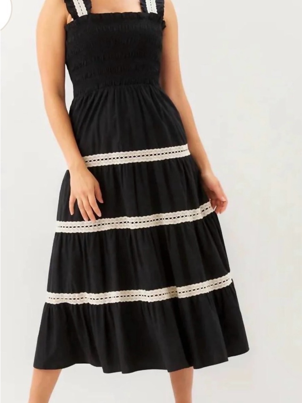 Girls' Black Smocked Sundress with White Lace Stripes